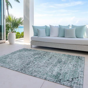 HomeRoots 5' X 8' Teal Blue Medallion Rug - Durable, Washable Indoor/Outdoor Area Rug for High-Traffic Spaces 622085