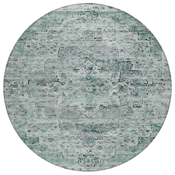 HomeRoots 8' Teal Blue and Pale Aqua Round Medallion Area Rug - Stylish, Washable, Indoor-Outdoor Charm! 622086