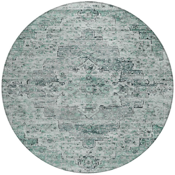 HomeRoots 8' Teal Blue and Pale Aqua Round Medallion Area Rug - Stylish, Washable, Indoor-Outdoor Charm! 622086