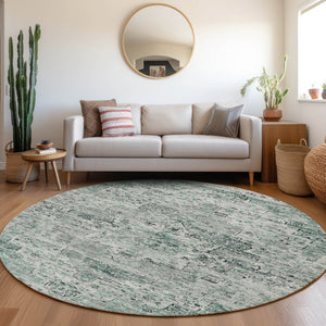 HomeRoots 8' Teal Blue and Pale Aqua Round Medallion Area Rug - Stylish, Washable, Indoor-Outdoor Charm! 622086