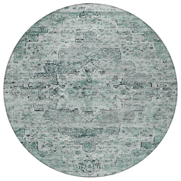 HomeRoots 8' Teal Blue and Pale Aqua Round Medallion Area Rug - Stylish, Washable, Indoor-Outdoor Charm! 622086
