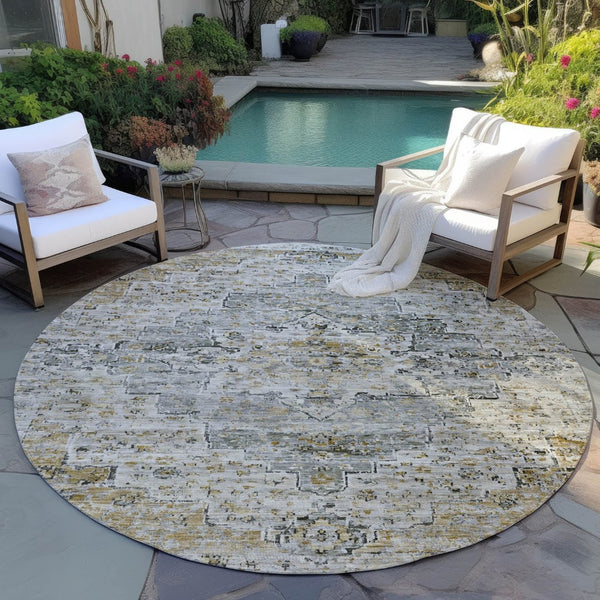 HomeRoots 8' Taupe and Beige Round Medallion Area Rug - Washable, Stain-Resistant, Indoor/Outdoor Versatility 622092
