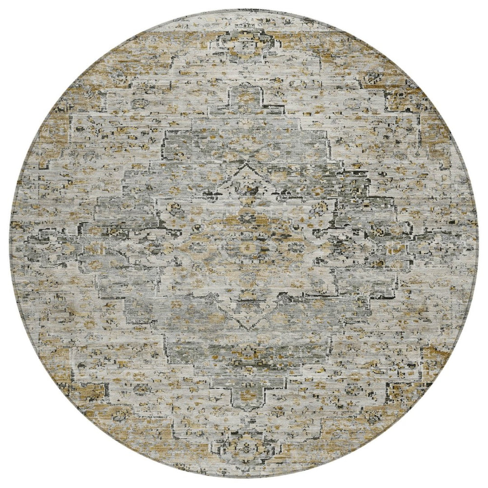 HomeRoots 8' Taupe and Beige Round Medallion Area Rug - Washable, Stain-Resistant, Indoor/Outdoor Versatility 622092