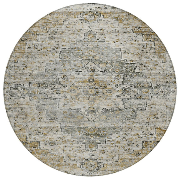 HomeRoots 8' Taupe and Beige Round Medallion Area Rug - Washable, Stain-Resistant, Indoor/Outdoor Versatility 622092