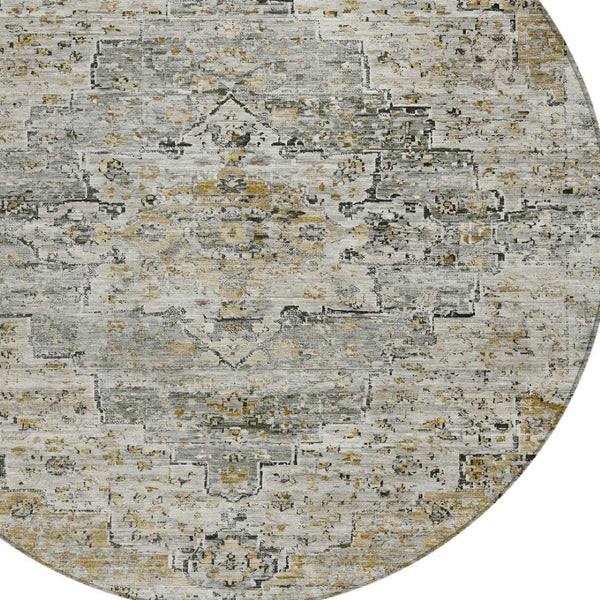 HomeRoots 8' Taupe and Beige Round Medallion Area Rug - Washable, Stain-Resistant, Indoor/Outdoor Versatility 622092