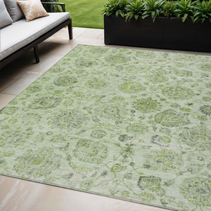 HomeRoots 5' Artichoke Green & Gray Damask Area Rug – Washable, Durable for Indoor & Outdoor Use, Chic Design 622097