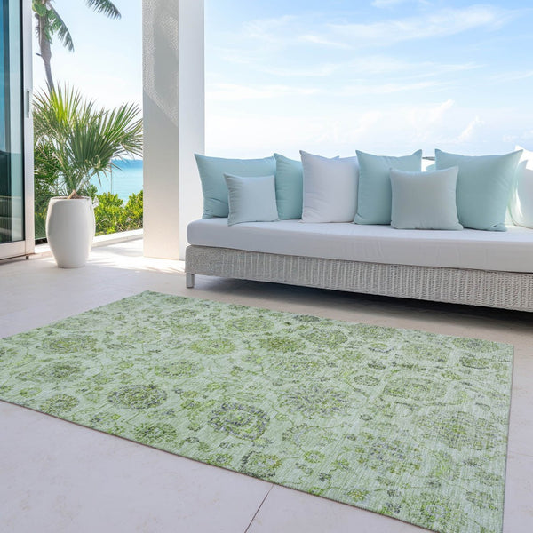 HomeRoots 5' Artichoke Green & Gray Damask Area Rug – Washable, Durable for Indoor & Outdoor Use, Chic Design 622097