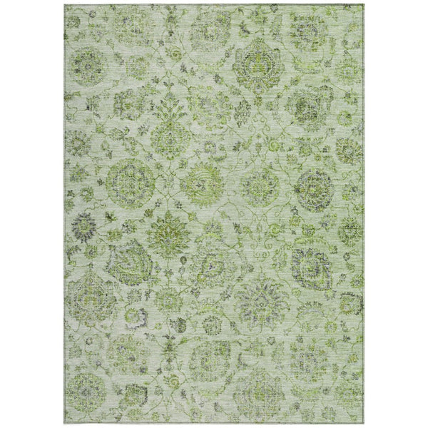 HomeRoots 5' Artichoke Green & Gray Damask Area Rug – Washable, Durable for Indoor & Outdoor Use, Chic Design 622097