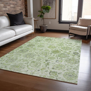 HomeRoots 5' Artichoke Green & Gray Damask Area Rug – Washable, Durable for Indoor & Outdoor Use, Chic Design 622097