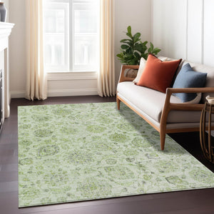 HomeRoots 5' Artichoke Green & Gray Damask Area Rug – Washable, Durable for Indoor & Outdoor Use, Chic Design 622097