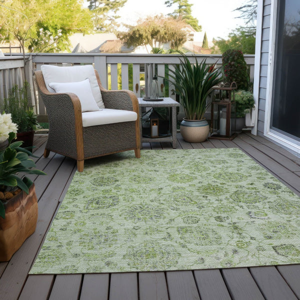 HomeRoots 5' Artichoke Green & Gray Damask Area Rug – Washable, Durable for Indoor & Outdoor Use, Chic Design 622097