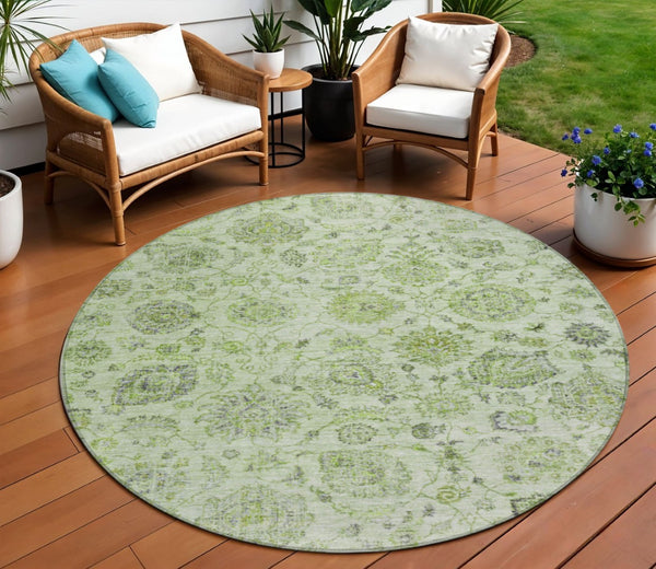 HomeRoots 8' Stylish Artichoke Green & Gray Round Damask Rug - Washable, Durable for Indoor & Outdoor Use! 622098