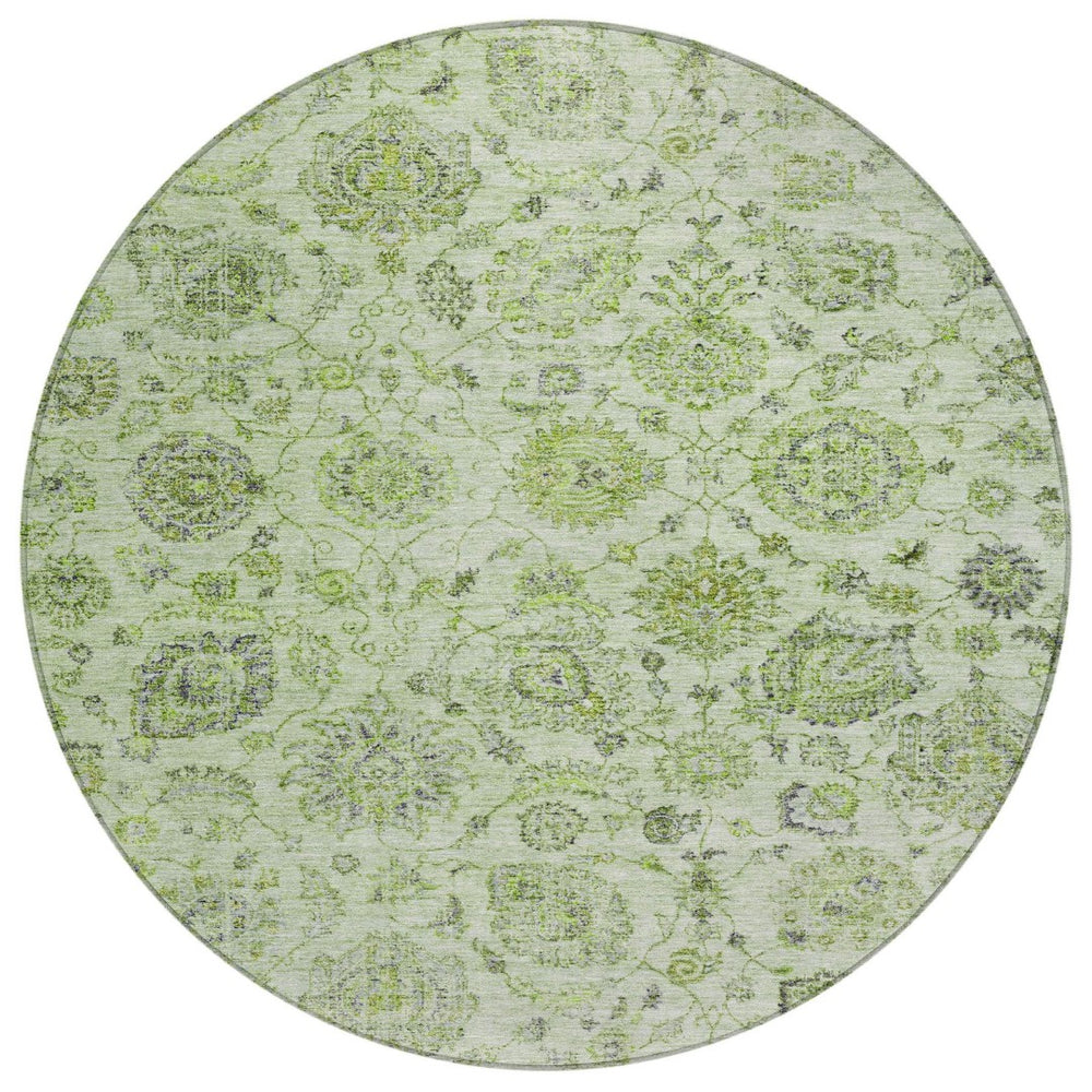 HomeRoots 8' Stylish Artichoke Green & Gray Round Damask Rug - Washable, Durable for Indoor & Outdoor Use! 622098