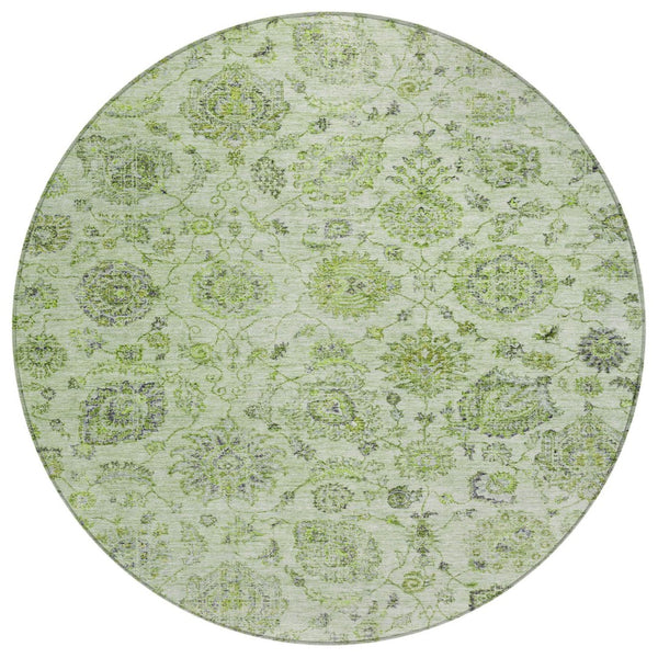 HomeRoots 8' Stylish Artichoke Green & Gray Round Damask Rug - Washable, Durable for Indoor & Outdoor Use! 622098