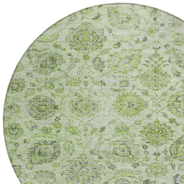 HomeRoots 8' Stylish Artichoke Green & Gray Round Damask Rug - Washable, Durable for Indoor & Outdoor Use! 622098