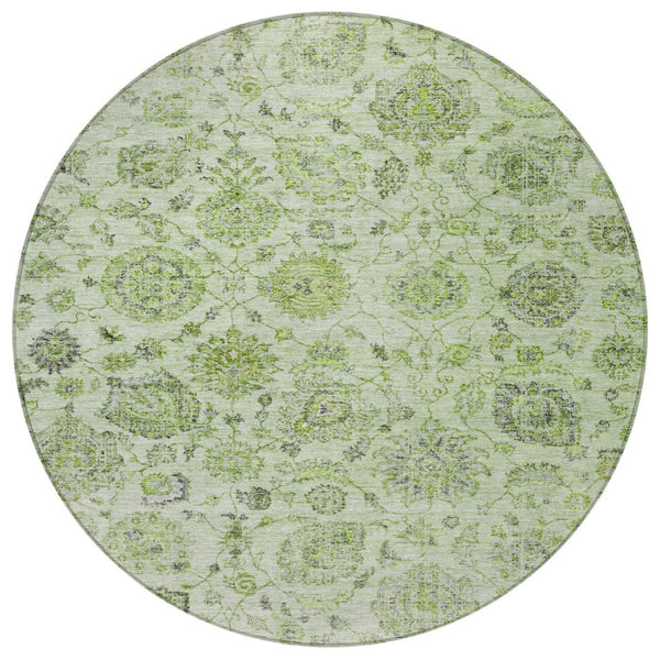 HomeRoots 8' Stylish Artichoke Green & Gray Round Damask Rug - Washable, Durable for Indoor & Outdoor Use! 622098