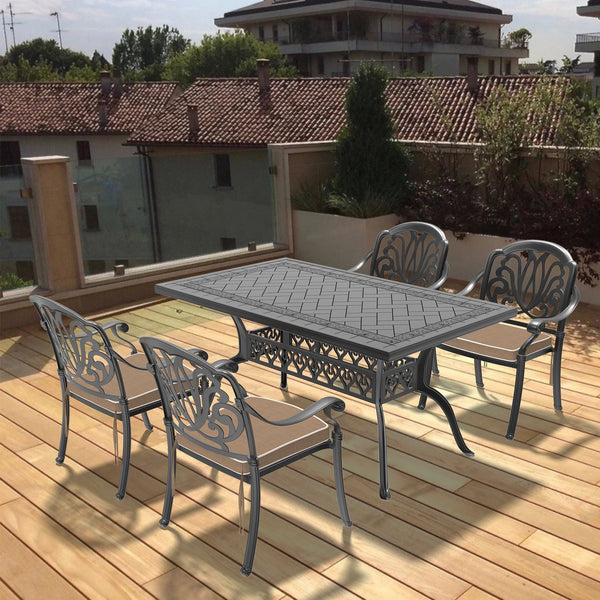 English Elm 5-Piece Cast Aluminum Patio Furniture Set With Plush Brown Cushions For Stylish Outdoor Comfort W1710S00079