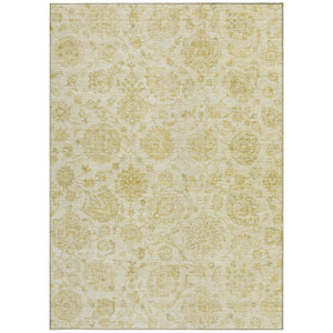 HomeRoots 5' Gold and Beige Damask Area Rug - Durable, Washable, Indoor/Outdoor Elegance for High-Traffic Spaces 622115
