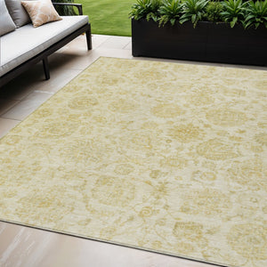 HomeRoots 5' Gold and Beige Damask Area Rug - Durable, Washable, Indoor/Outdoor Elegance for High-Traffic Spaces 622115
