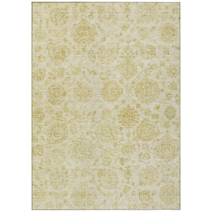 HomeRoots 5' Gold and Beige Damask Area Rug - Durable, Washable, Indoor/Outdoor Elegance for High-Traffic Spaces 622115