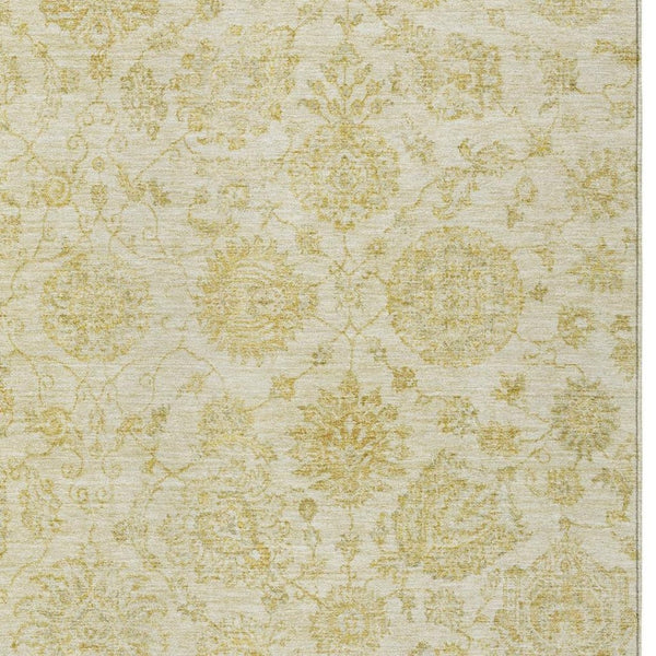 HomeRoots 5' Gold and Beige Damask Area Rug - Durable, Washable, Indoor/Outdoor Elegance for High-Traffic Spaces 622115