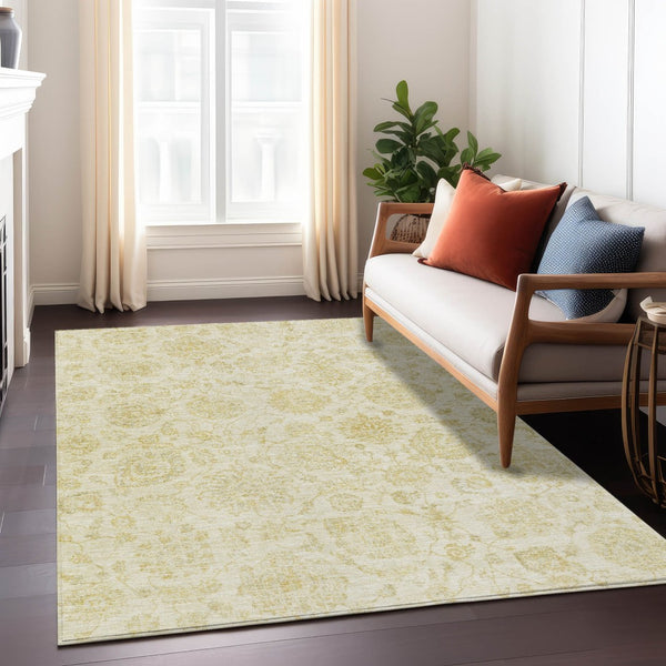 HomeRoots 5' Gold and Beige Damask Area Rug - Durable, Washable, Indoor/Outdoor Elegance for High-Traffic Spaces 622115
