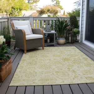 HomeRoots 5' Gold and Beige Damask Area Rug - Durable, Washable, Indoor/Outdoor Elegance for High-Traffic Spaces 622115