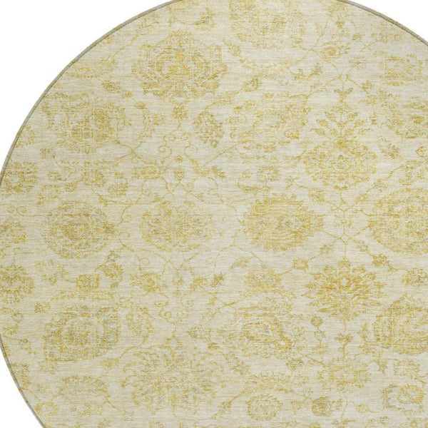 HomeRoots 8' Gold and Beige Round Damask Rug - Stylish Washable Indoor/Outdoor Area Rug for Easy Care & Durability 622116