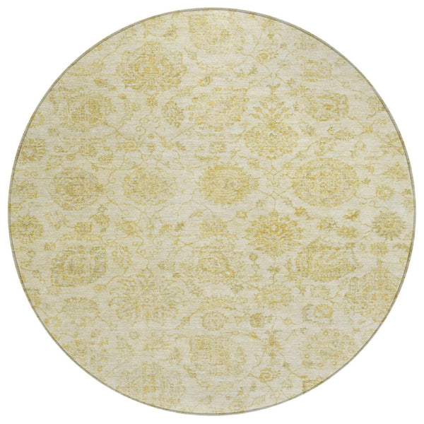 HomeRoots 8' Gold and Beige Round Damask Rug - Stylish Washable Indoor/Outdoor Area Rug for Easy Care & Durability 622116