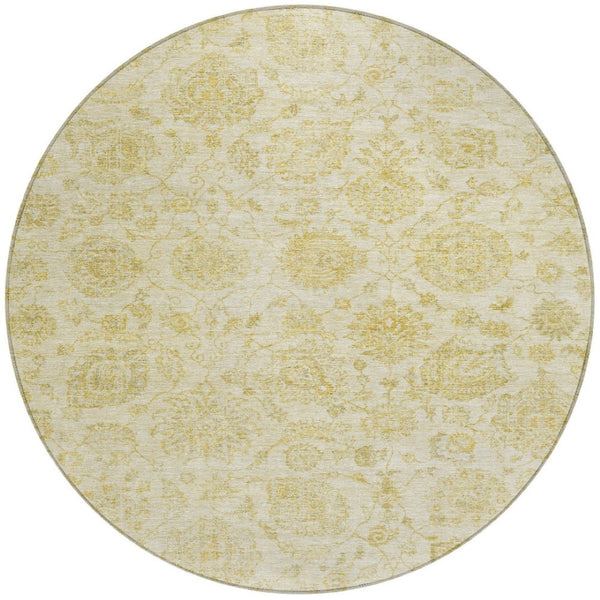 HomeRoots 8' Gold and Beige Round Damask Rug - Stylish Washable Indoor/Outdoor Area Rug for Easy Care & Durability 622116