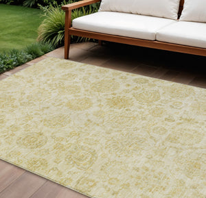 HomeRoots 8' Gold and Beige Damask Washable Area Rug - Elegant Indoor/Outdoor Design for High-Traffic Spaces 622117