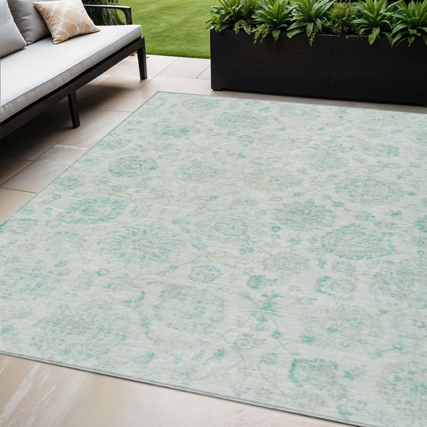 HomeRoots 5' Turquoise & Beige Damask Area Rug – Washable Indoor/Outdoor Design for Elegant Spaces & Durability 622127