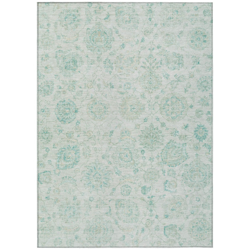 HomeRoots 5' Turquoise & Beige Damask Area Rug – Washable Indoor/Outdoor Design for Elegant Spaces & Durability 622127