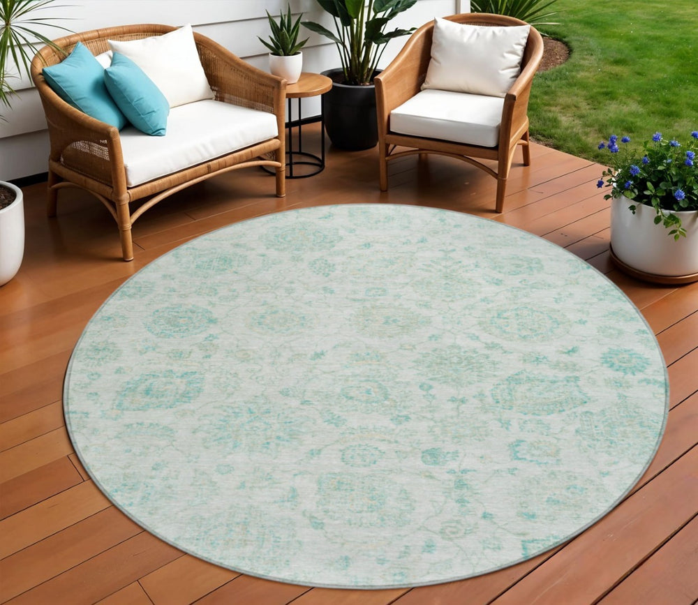 HomeRoots 8' Round Turquoise and Beige Damask Area Rug - Washable, Durable, Indoor/Outdoor Perfect for Any Space 622128