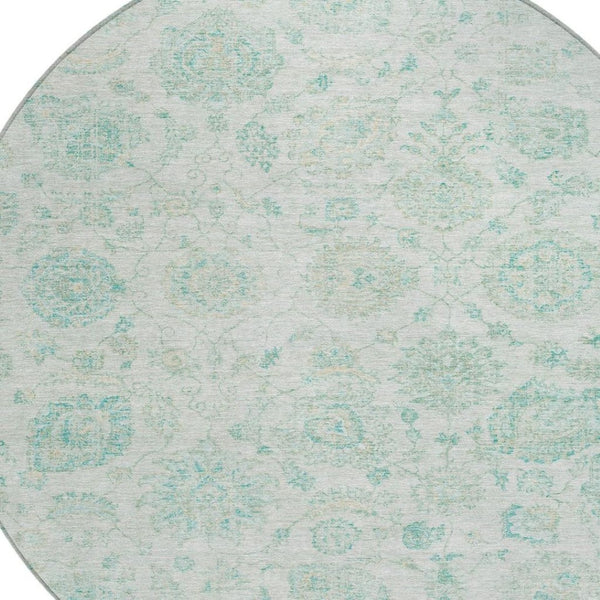 HomeRoots 8' Round Turquoise and Beige Damask Area Rug - Washable, Durable, Indoor/Outdoor Perfect for Any Space 622128