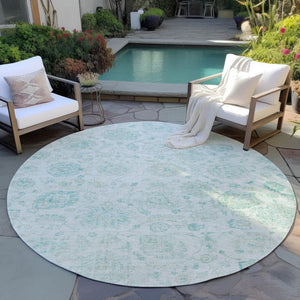 HomeRoots 8' Round Turquoise and Beige Damask Area Rug - Washable, Durable, Indoor/Outdoor Perfect for Any Space 622128