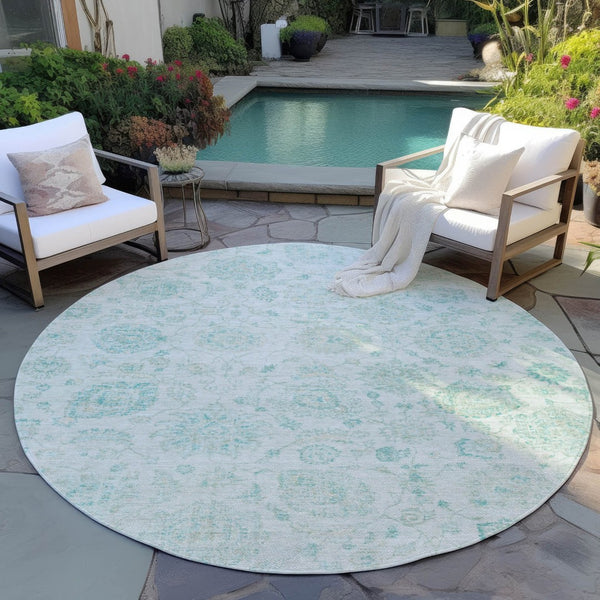 HomeRoots 8' Round Turquoise and Beige Damask Area Rug - Washable, Durable, Indoor/Outdoor Perfect for Any Space 622128