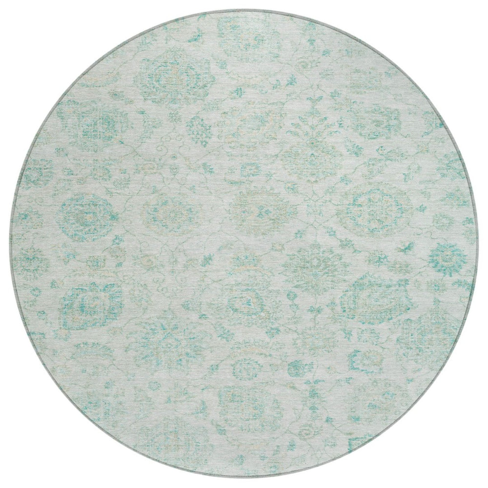 HomeRoots 8' Round Turquoise and Beige Damask Area Rug - Washable, Durable, Indoor/Outdoor Perfect for Any Space 622128
