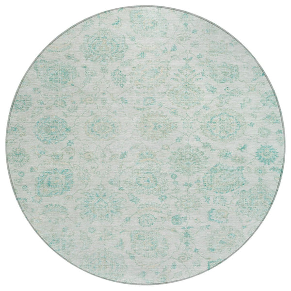 HomeRoots 8' Round Turquoise and Beige Damask Area Rug - Washable, Durable, Indoor/Outdoor Perfect for Any Space 622128