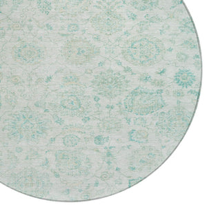 HomeRoots 8' Round Turquoise and Beige Damask Area Rug - Washable, Durable, Indoor/Outdoor Perfect for Any Space 622128