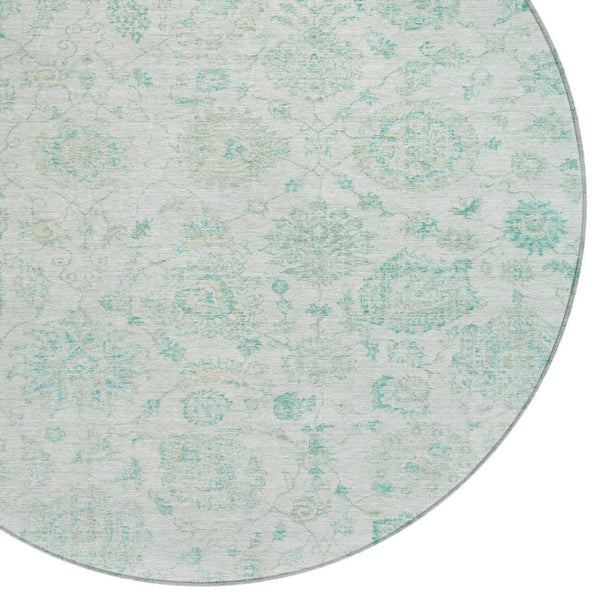HomeRoots 8' Round Turquoise and Beige Damask Area Rug - Washable, Durable, Indoor/Outdoor Perfect for Any Space 622128