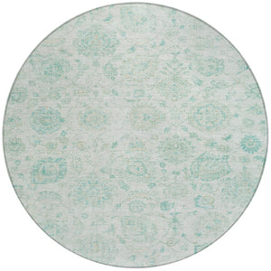 HomeRoots 8' Round Turquoise and Beige Damask Area Rug - Washable, Durable, Indoor/Outdoor Perfect for Any Space 622128
