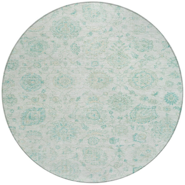 HomeRoots 8' Round Turquoise and Beige Damask Area Rug - Washable, Durable, Indoor/Outdoor Perfect for Any Space 622128