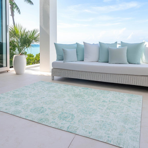 HomeRoots 8' X 10' Turquoise & Beige Damask Area Rug – Indoor/Outdoor, Washable, Stylish & Durable Design! 622129