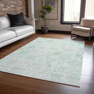 HomeRoots 8' X 10' Turquoise & Beige Damask Area Rug – Indoor/Outdoor, Washable, Stylish & Durable Design! 622129