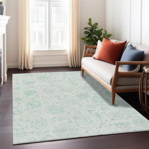 HomeRoots 8' X 10' Turquoise & Beige Damask Area Rug – Indoor/Outdoor, Washable, Stylish & Durable Design! 622129