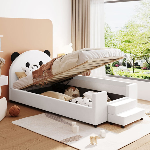 English Elm Twin Velvet Daybed Bear Headboard Hydraulic Storage Kids Bedroom Frame White SF000129AAK