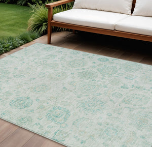 HomeRoots 10' Turquoise & Beige Damask Washable Area Rug - Elegant, Durable Design for Indoor & Outdoor Spaces 622131