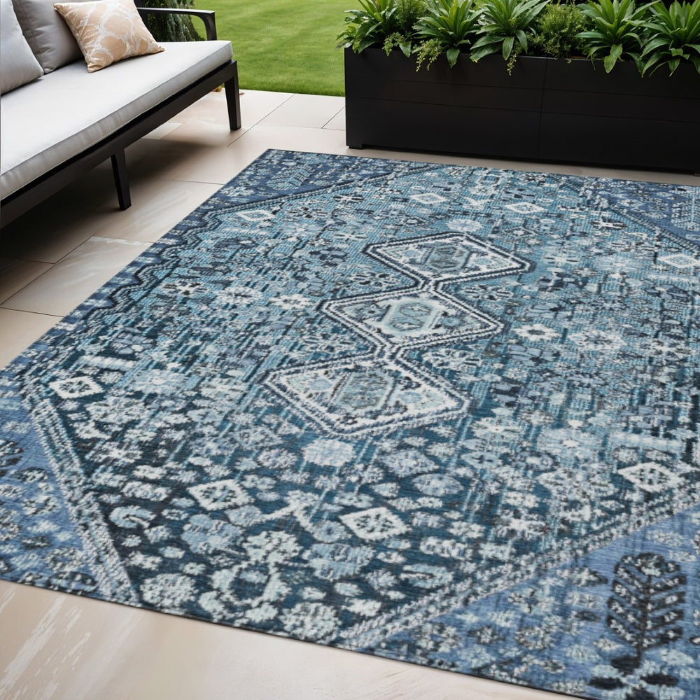 HomeRoots 5' Blue and Ivory Aztec Washable Indoor Outdoor Area Rug – Stylish, Durable, Perfect for High-Traffic Spaces! 622133