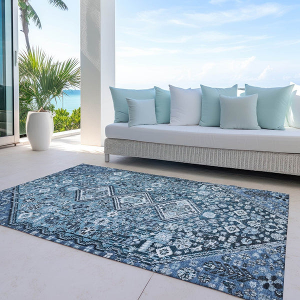 HomeRoots 5' Blue and Ivory Aztec Washable Indoor Outdoor Area Rug – Stylish, Durable, Perfect for High-Traffic Spaces! 622133